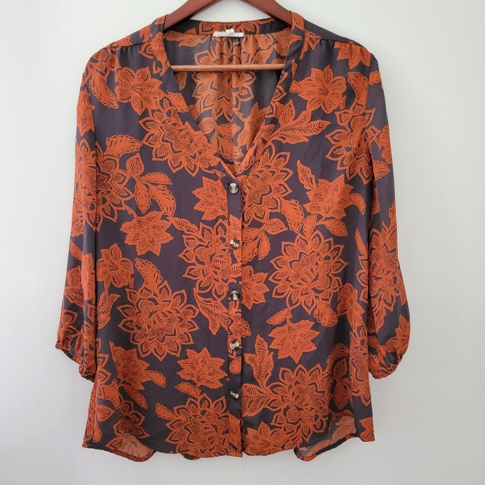 Maurices Long Sleeve Sheer Floral Blouse Large